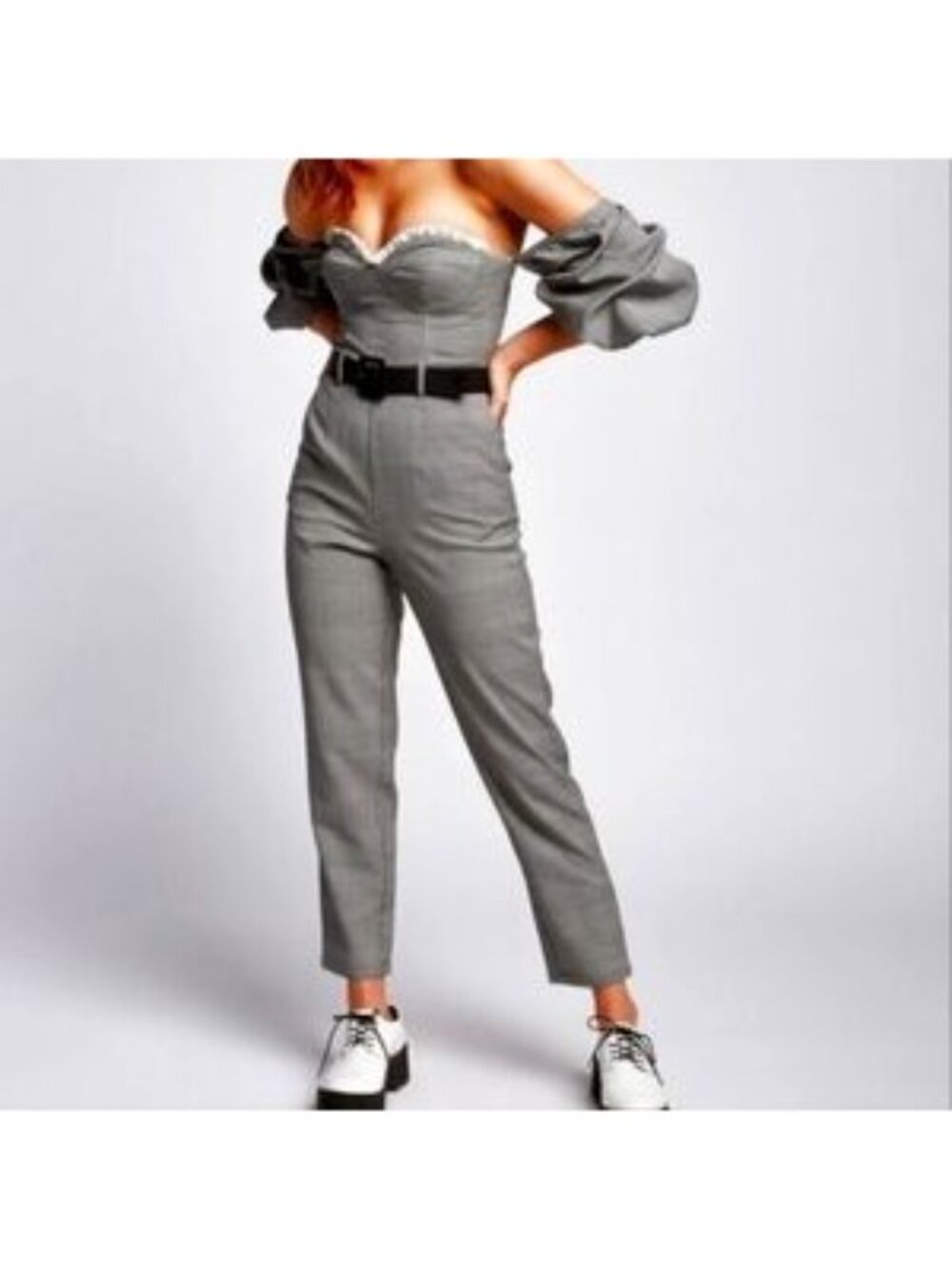 Houndstooth Off-Shoulder Jumpsuit XS Puff Sleeve Sweetheart Milkmaid Slim Fit - Picture 3 of 13